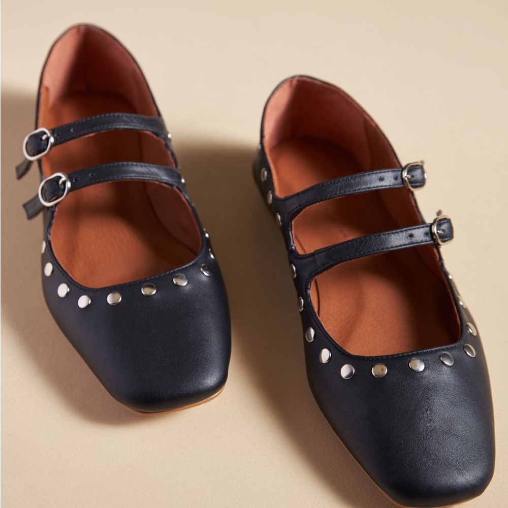By Anthropologie Studded Mary Jane Flat Black Size 37 6.5